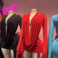 Sexy Mesh Deep V Backless Long Sleeve Solid Color Dress Mini Dress Stretch Sheath Dress Party Club Wear