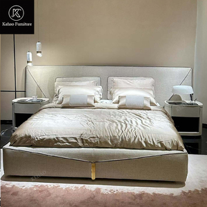 Cadre de <span class=keywords><strong>lit</strong></span> rembourré en <span class=keywords><strong>lin</strong></span> moderne, <span class=keywords><strong>lit</strong></span> plateforme minimaliste en cuir beige, taille king, avec accents métalliques dorés, chambre à coucher de luxe - Product Image 2
