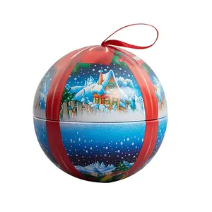 Free Samples Custom Printed Metal Iron Tinplate Ball Christmas Gift Candy Money Tin Box Ball Tin With Ribbon