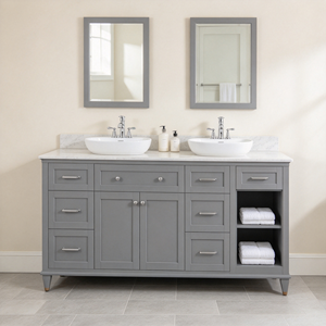 Mueble de Baño Independiente Gris, Mueble de Baño de Madera Maciza con Lavabo Doble, con Múltiples Cajones y Puertas - Product Image 3