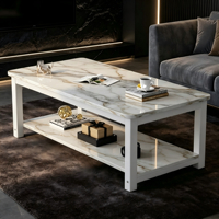 Table basse double niveau en marbre blanc de luxe, surface polie, design moderne, structure métallique robuste - Décoration pour chambre et salon