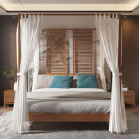 Lit double en bois massif, lit à baldaquin de style nordique chinois, lit moderne et simple avec rideau, quatre piliers