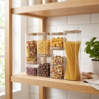 Wishome Ensemble de 7 bocaux en verre hermétiques avec couvercles en bambou, bocaux carrés empilables pour spaghetti, céréales, aliments secs