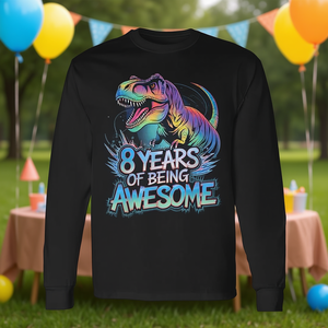 T-shirt a maniche lunghe per il 8° compleanno dei dinosauri per ragazzi, maglietta per il 8° compleanno - Product Image 3