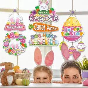 Colgador de papel para puerta de Pascua, adorno para decoración de fiesta, cartel colgante, decoración de conejo y huevo