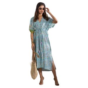 Purple And Green Printed Kaftan <b>Dress</b> For Women With Box Pleat Design <b>String</b> Detail Border And Tassels For Ethnic Fashion - Product Image 1