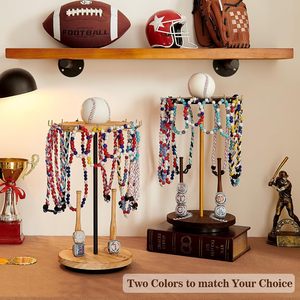 Wooden Baseball Ring <b>Display</b> <b>Stand</b> With Necklace Rack <b>Rotatable</b> Desktop Storage For Jewelry And Champion Rings - Product Image 2