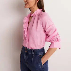 Fall Women's Blouses & Shirts Custom Logo High Quality Cotton Linen Ruffle Neck Pink Tops Plus Size Women's Blouses