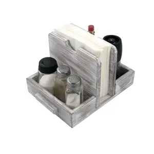 Soporte de madera para servilletas con salero y pimienta, caja de almacenamiento para condimentos de mesa, Caddy