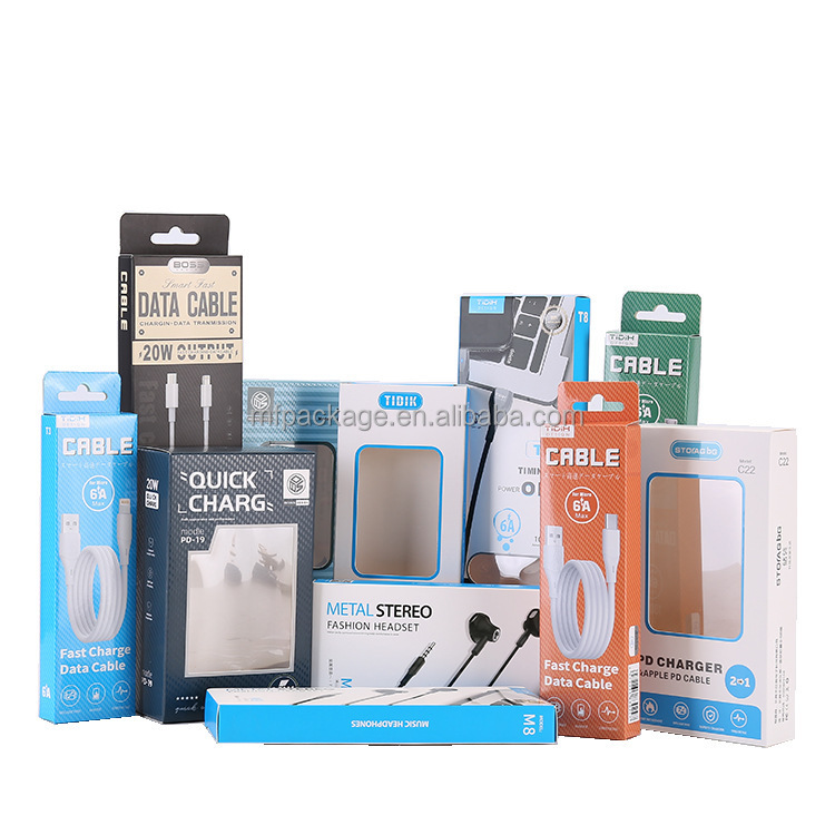 Custom Paper Boxes Packaging Electronic Products earphone Usb Data Cable Charging Cable Accessories White Cardboard Package box