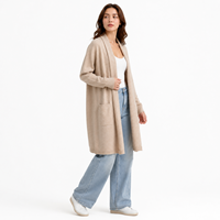 Damen Langer Strick-Cardigan Lässiger Offener Beiger Mantel mit Taschen Weicher Warmer Locker Sitzender Herbst-Winter-Überzieher