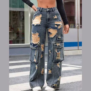 DIZNEW High Street Women Baggy Trousers High Rise Multi Pockets Faded Washed Denim Wide Leg Cargo Jeans 100% Cotton Jeans