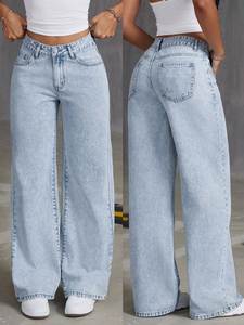 Pantalones Vaqueros Rectos Azul Cielo Transpirables para Mujer, Cintura Media, Lavado Oscuro, Estilo Vintage, Casual, Sexy, para Uso Diario, Primavera, Verano, Club, 100% Algodón - Product Image 4