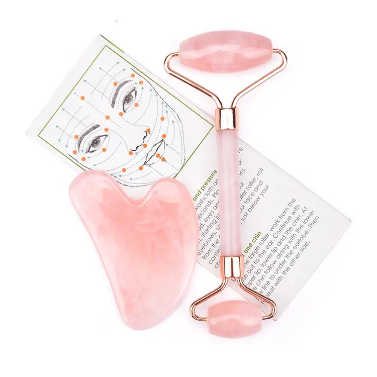 Outil de Massage Beauté du Visage Rouleau de Quartz Rose Set Cadeau de Massage Rouleau de Jade Quartz Rose et Ensemble Gua Sha avec Boîte