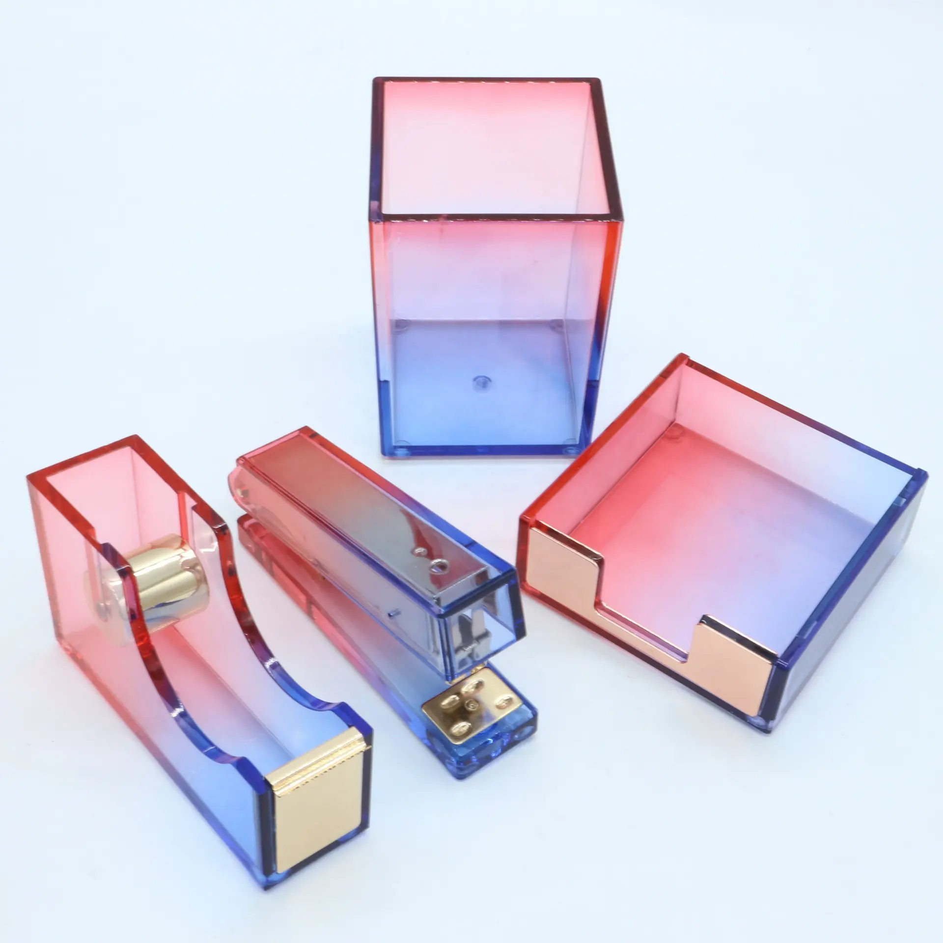 JSM 4IN1 Acrylic Colorful Stapler Tape Dispenser Note Box Pen Holder Manufacturer Factory Supplier Stationery Gift Sets