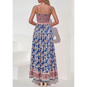 FOXA Womens <b>Summer</b> Maxi <b>Dress</b> Floral <b>Boho</b> Spaghetti Strap A-Line Elastic Waist Breathable Casual Beach Sundress - Product Image 4