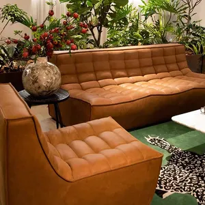 Sofá de couro marrom europeu luxuoso, conjunto de móveis para sala de estar, sofás de lazer em couro genuíno para villa