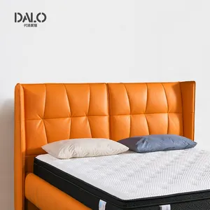 Italian minimalist leather fabric PU bed with top-quality cowhide solid wood bed side panel design for wedding room double bed