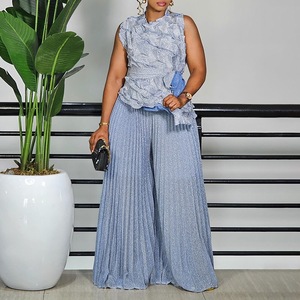 Fabrik neueste hochwertige Damen ärmellose elegante Tops Plissee Hosen Sets Plus Size einfarbig Chiffon formellen Knöchel - Product Image 3