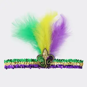 2023 New Orleans Mardi Mardi aksesuarları, Mardi Feather tüy kafa dekorasyon, mor sarı yeşil Mardi Feathers tüyler kafa bandı