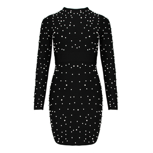Gaun Balutan Pakaian Wanita, Baju Ketat Mini Lengan Panjang Klub Manik-manik Mutiara Putih - Product Image 5