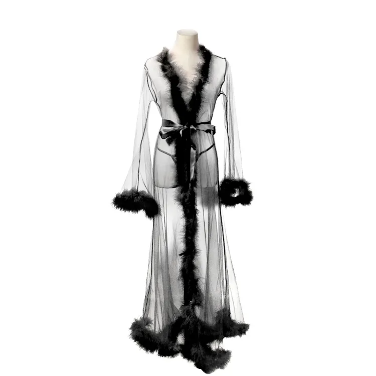 Fur robe lace Sexy V-neck Solid color mesh fashion fur robes designer silk pajama sets for women