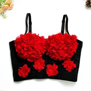 Débardeur court en dentelle et résille à baleines avec coussinets de poitrine, orné de fleurs et de perles, pour femme, style mode - Product Image 5