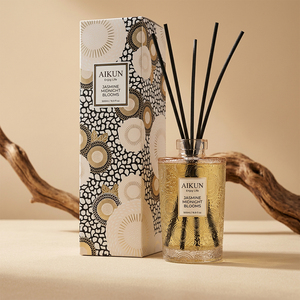 Aikun Low MOQ Rapid Custom Cross Border Long Lasting Jasmine 500ml Embossed Glass Bottle Gift Box Reed Diffuser <b>Sets</b> for Retail - Product Image 1