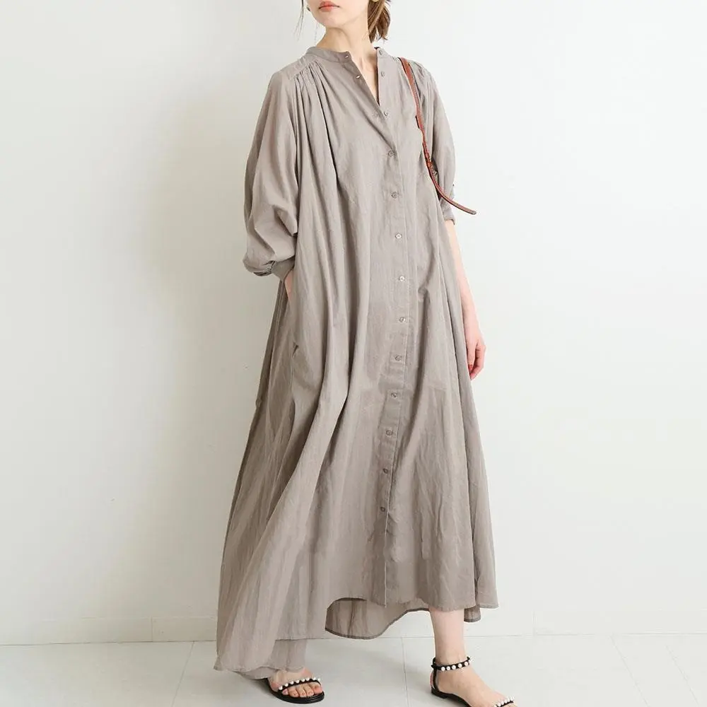 Japanese Simple Style Loose One Size Bubble Sleeve Dress 2022 Loose Linen Shirt Dress for Woman