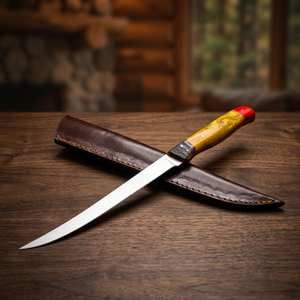 Low MOQ Hand-forged Damascus steel fillet <b>knife</b> Custom wood <b>handle</b> hunting <b>knife</b> 13" inches fillet <b>knife</b> With Leather Sheath - Product Image 2