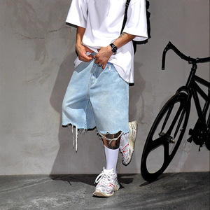 Shorts en <span class=keywords><strong>jean</strong></span> tendance pour <span class=keywords><strong>homme</strong></span>, coupe décontractée mi-longue, bords bruts, avec cordon de serrage, idéal pour le basketball et les activités de plein air - Product Image 2