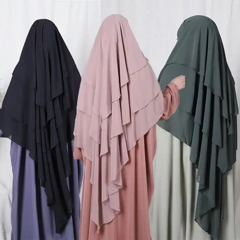 Chiffon Hijab Hat Árabe Abayas de 3 Camadas Xales Para As Mulheres Islâmicas Oração Muçulmano Cobertura Completa Cabeça Envoltório Para As Mulheres Inverno Kh