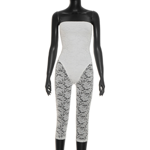 Viviblook J26JP126 Women Summer Jumpsuit Strapless Zipper Sheer <b>Lace</b> Patchwork <b>Elastic</b> Mid Length One Piece Casual Jumpsuit - Product Image 3