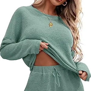 Oem Women Waffle manica lunga Casual Short Set Outfit Knit Loungewear pigiama pigiama