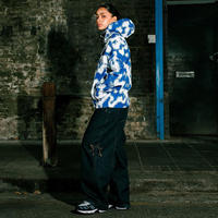 Blouson Bomber Unisexe Personnalisé en Toile Enduite Imprimée Numérique à Pois Bleus et Blancs, Style Fonctionnel Extérieur Printanier, Réversible à l'Avant