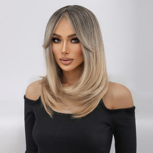 Perruque longue et droite de 18 pouces, couleurs dorées dégradées, avec <span class=keywords><strong>frange</strong></span> rideau, pour femmes – Meilleure vente - Product Image 4