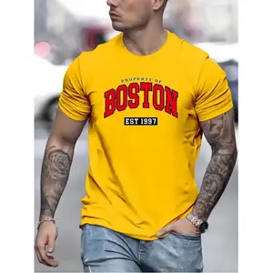 Slogan "PROPERTY OF BOSTON" Pattern Print Men's Medium Stretch T-shirt Summer Clothes Men's Outfits Graphic polyester t shirt