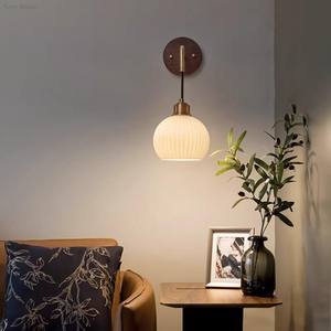 Modern Walnut <b>Wall</b> Lamp <b>LED</b> <b>Light</b> Glass Design <b>Dimmable</b> Gold Shade for Living Room Bedroom Bedside Aisle Decoration 1-Year - Product Image 1