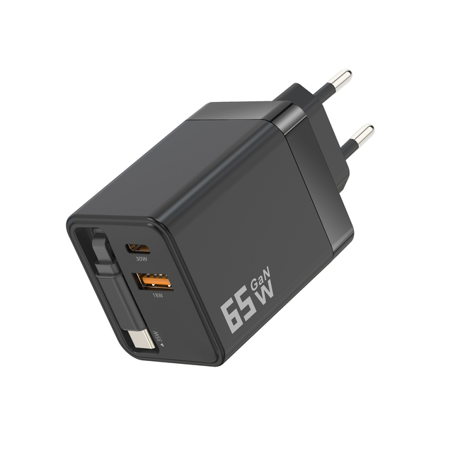 Compact 65W GaN Fast Charger With Neat Storage Design for International Plugs