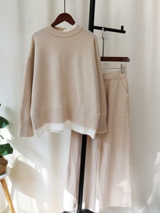 Chine usine femmes décontracté extérieur haute rue vierge <span class=keywords><strong>pull</strong></span> pantalon ensemble surdimensionné <span class=keywords><strong>chaud</strong></span> plat tricoté longue couleur unie d'origine - Product Image 2