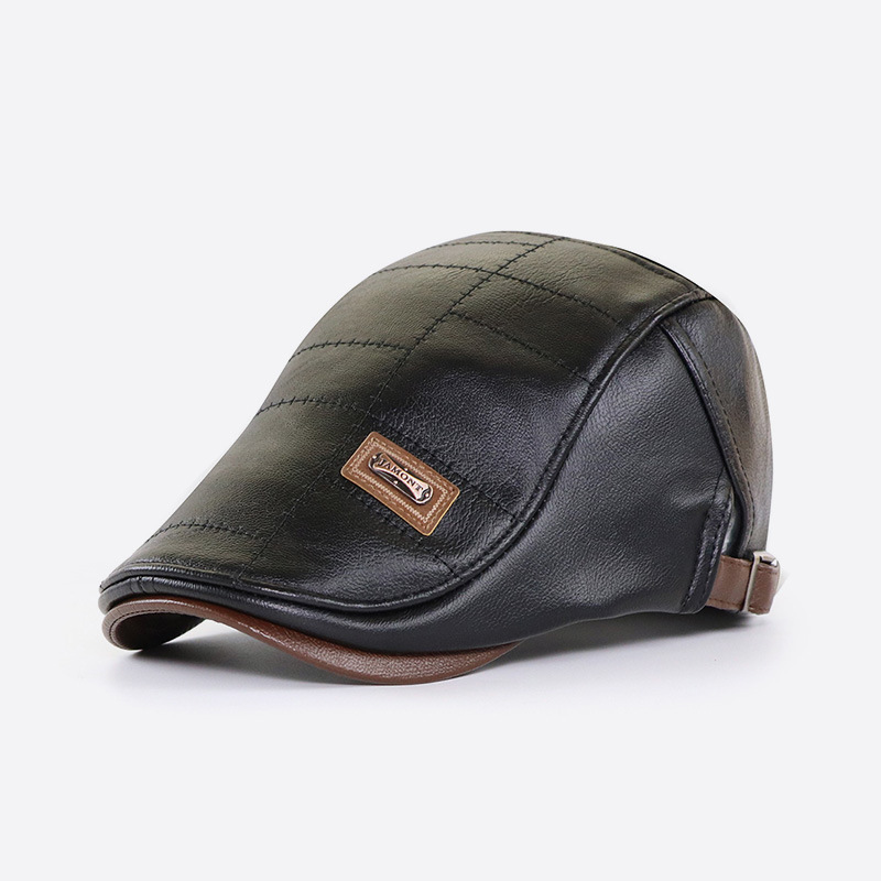 KERATY PU Leather Beret Hat - Adjustable Unisex Peaked Cap In Dark Brown (56-60cm)