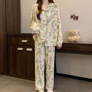 Femmes Long Cardigan Revers Pyjama Ensemble Printemps <span class=keywords><strong>Fleur</strong></span> Imprime Taille Élastique Fermeture Chaud Deux Pièces Confortable Vêtements - Product Image 6