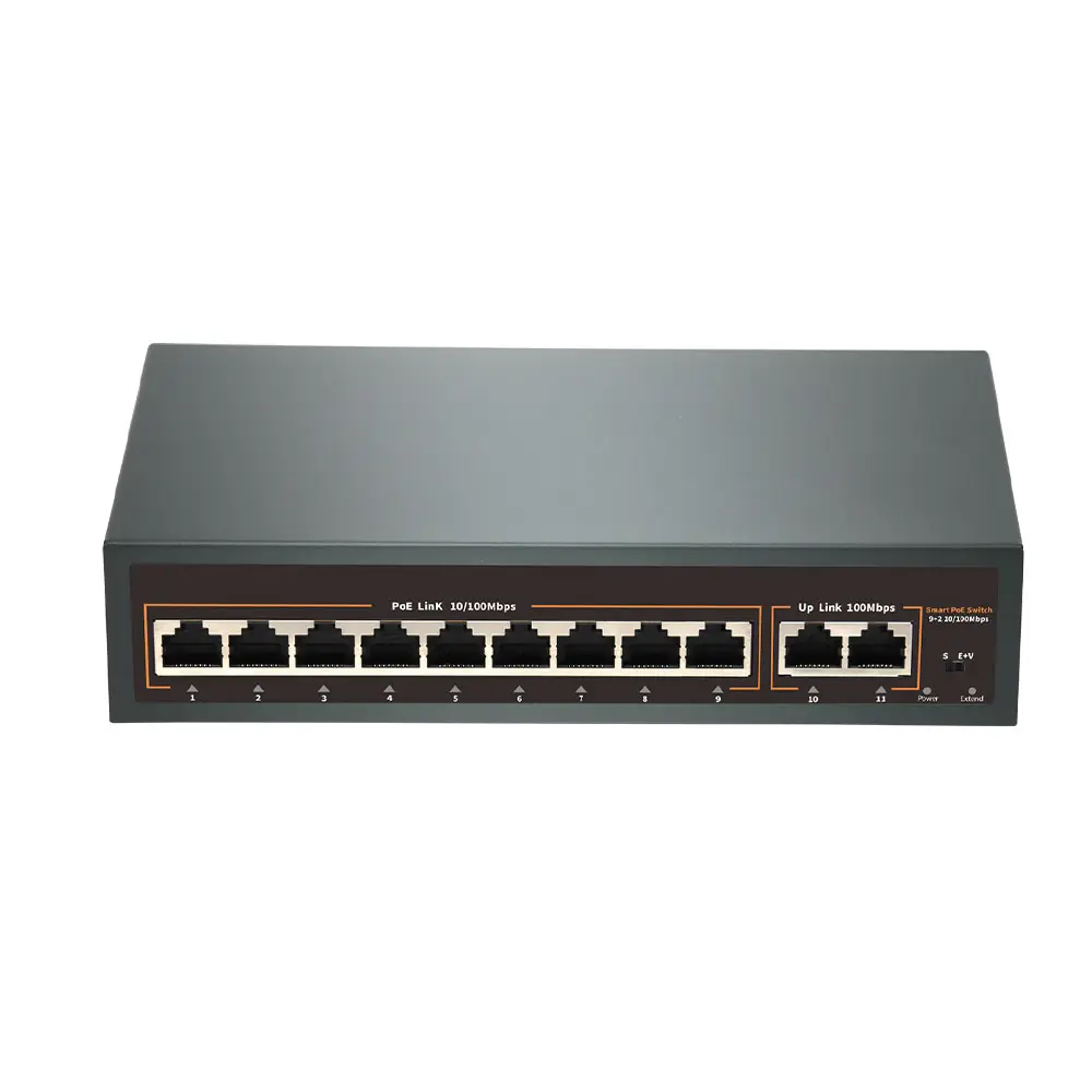 9-Port 10/100Mbps PoE chuyển đổi Ethernet chuyển đổi 120W VLAN uplink 2x100Mbps cho IP Camera cổng mạng chuyển đổi