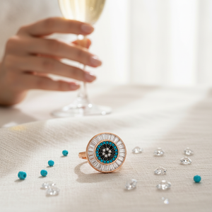 Bague de mariage minimaliste en argent sterling 925 plaqué rhodium turquoise, taille baguette, motif œil porte-bonheur fait main - Product Image 3