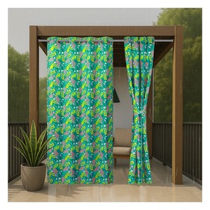 Achetez des rideaux d'extérieur imperméables de couleur vert-bleu floral avec tissu en polyester teint en masse de qualité supérieure pour les espaces de patio et de balcon - Product Image 1