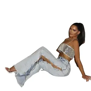 Side Strap Trendy Bell Bottom Flare Straight Trousers Lady Hollow Out Side Patchwork Beading Chain Denim Women'S Denim Jeans