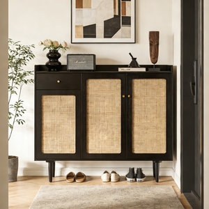 <span class=keywords><strong>Armoire</strong></span> à chaussures Bowen Nordic Mid-Century Wabi-Sabi Design en bois massif et rotin, écologique, durable, 6 étagères, capacité 36-49 paires - Product Image 1