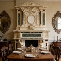 Hand Carved Modern Double Storey Beige Marble Figure Statue Fireplace