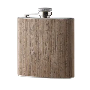 Wholesale 6oz Stainless Steel And Wood Alcohol Whisky Liquor Hip Flask For Camping Travel