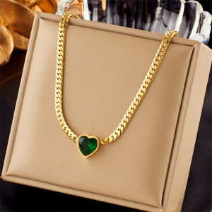 Heart Shape Green Diamond Pendant Necklace Stainless Steel Chain For Gift - Product Image 1